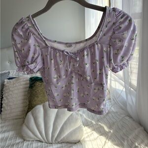 SHEIN Lavender Floral Puff Sleeve Crop Top